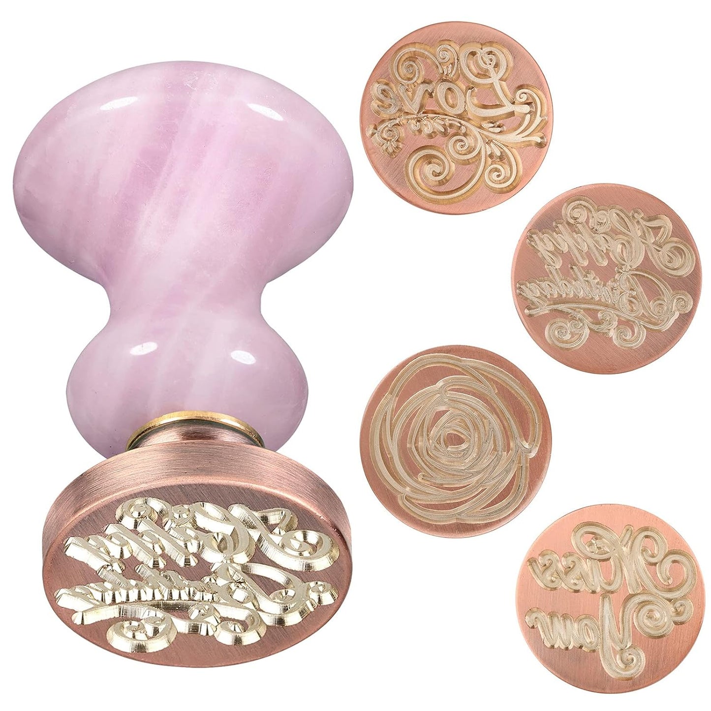 rockcloud Wax Seal Stamp Set, 4 Pieces Sealing Wax Stamps Copper Seals with 1 Rose Quartz Seal Handle for Cards Envelopes Invitation Decoration, Love Expressiont with Rose