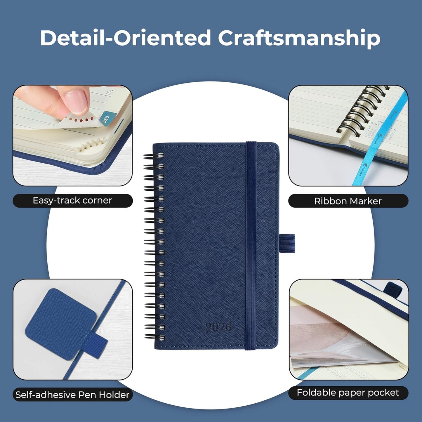 Planner 2026 Daily Weekly and Monthly,6.5"x3.75",12 Months Spiral Bound Calendar Agenda with Self-adhesive Pen Holder,2026 Appointment Book with Vegan Leather Soft Cover,Blue