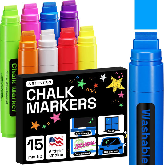ARTISTRO 8 Liquid Chalk Window Markers for Car Glass Washable - Jumbo Tip 15 mm - Vibrant, Erasable, Non-Toxic Markers for Glass, Signs, Windows, Cars, Chalkboard for Kids & Adults