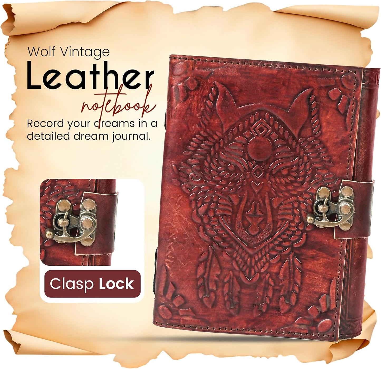 Aesthestic Wolf Embossed Vintage Leather Journal with Antique Clasp Lock – 200 White Page Antique Deckle Edge Leather Bound Notebook – 5"X7" Aesthetic Grimoire, Journal for Writing, Home, Office