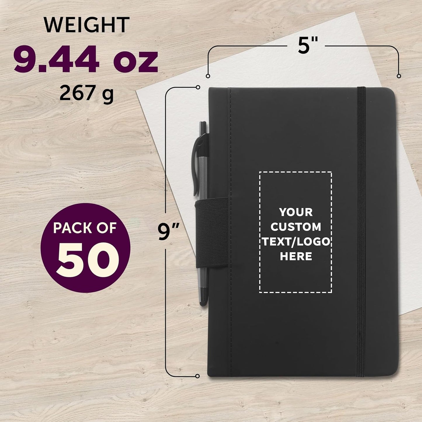 DISCOUNT PROMOS 50 Executive Notebooks with Pen Pack - Customizable Text, Logo - 6 x 8.5 inches, Recycled, Pen Loop, Closure Strap - Black