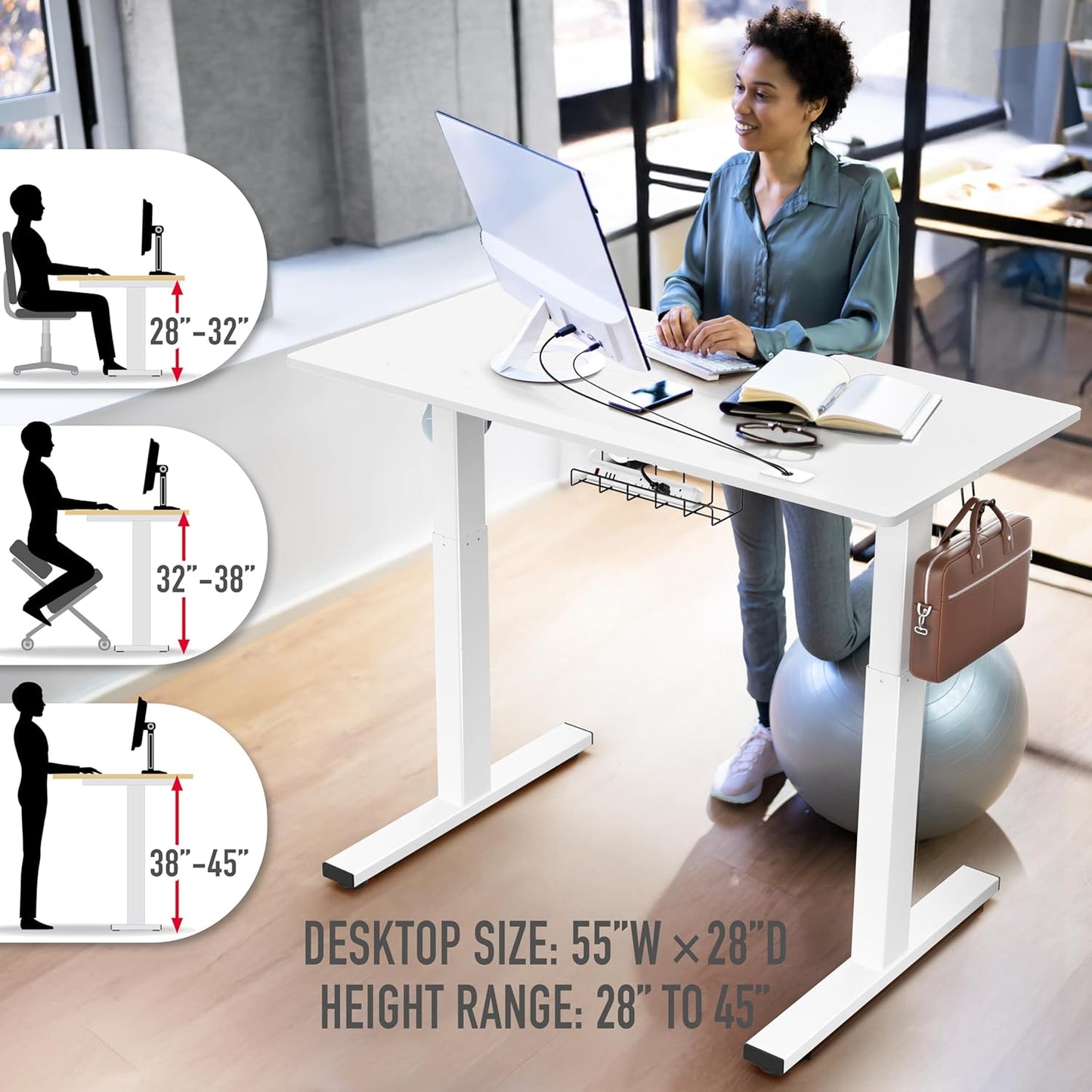 SHW 55 x 28 Inches Electric Height Adjustable Standing Desk with Drawer and Memory Preset, White