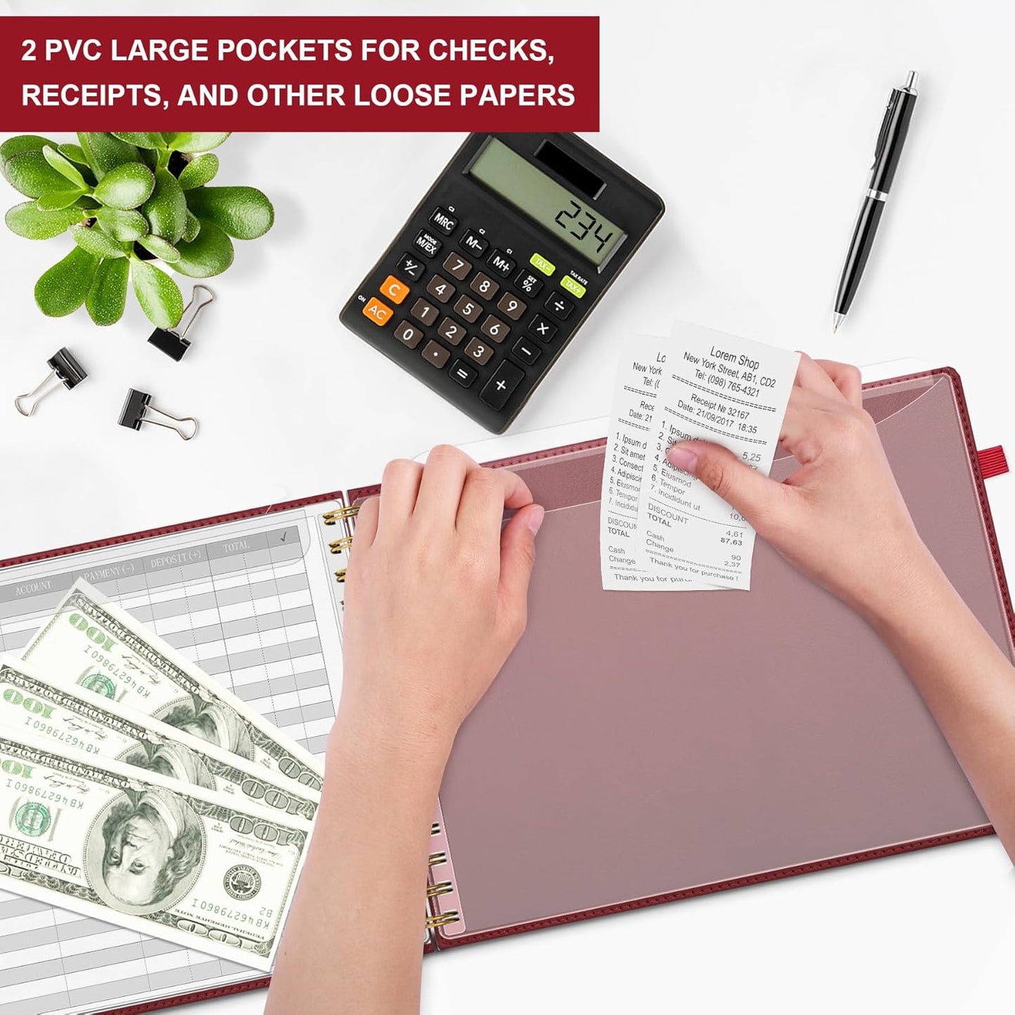 HAUTOCO Hardcover Accounting Ledger Book for Small Business Bookkeeping Horizontal Money Expense Tracker Notebook with 2 Storage Pouch, Personal Columnar Log Journal 10.78 x 8'', Cherry Red