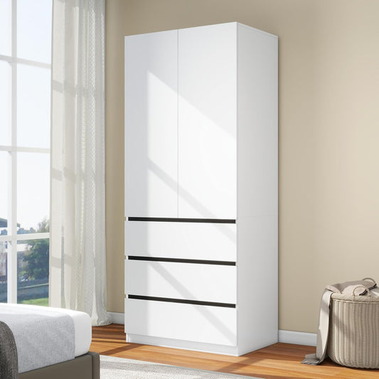 Wooden Wardrobe Closet with 2 Doors: 75" Bedroom Armoire Wardrobe Closet with 3 Drawers, White Cabinet with Hanging Shelves, Large Storage Cabinet (Modern, 1)
