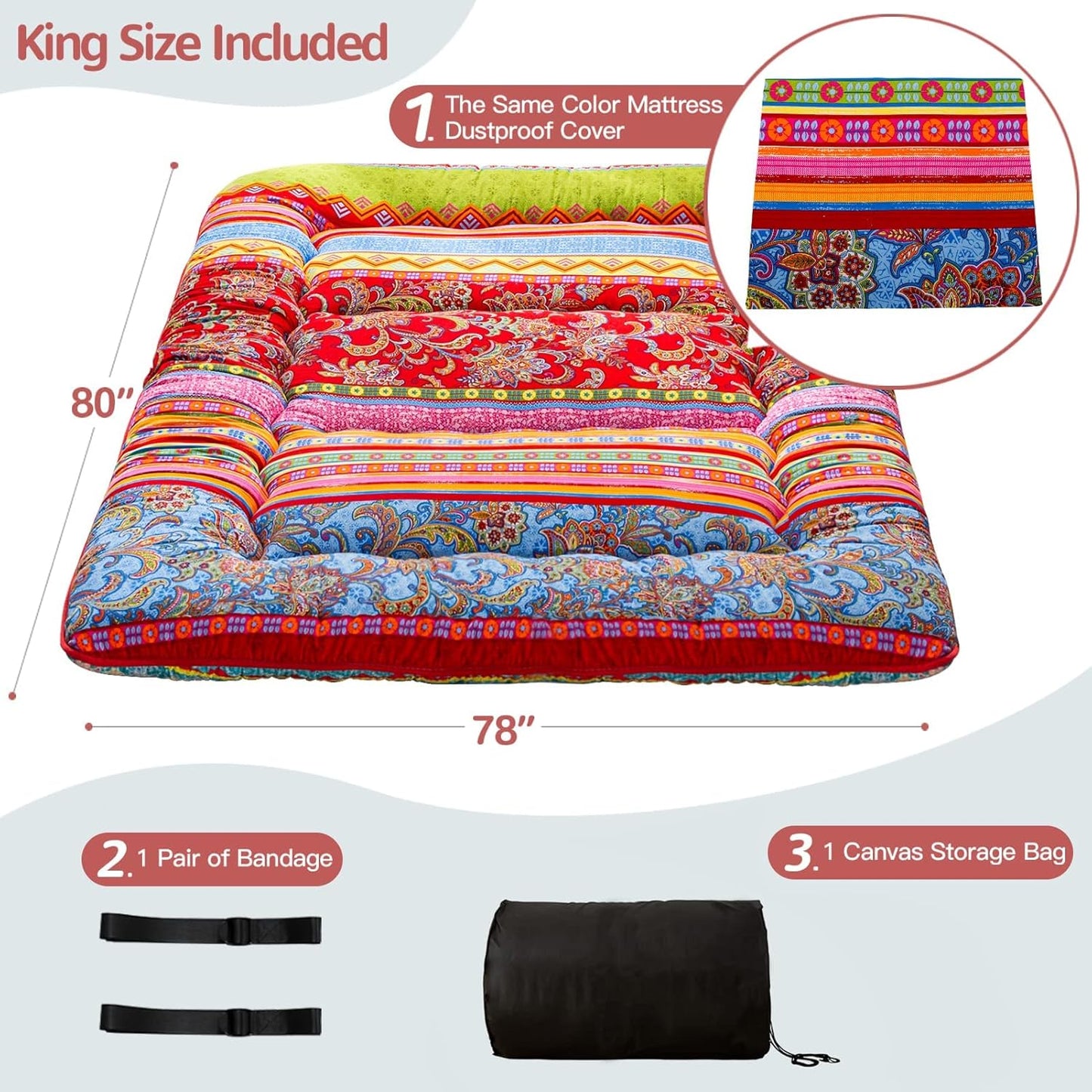 MAXYOYO Bohemian Retro Floor Mattress Vintage Floral Japanese Futon Mattress Roll Up Sleeping Bed King Portable Camping Mattress Floor Lounger Couch Bed Mattress Pad, King