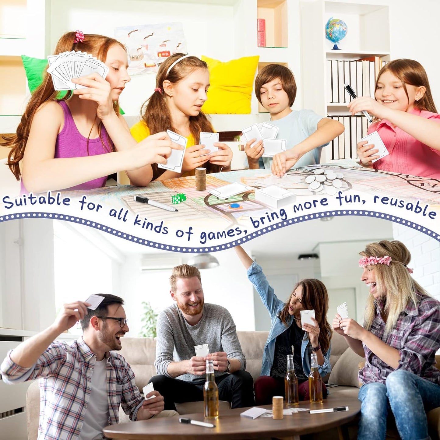 Teling 24 Pcs Reusable Multifunctional Tokens Dry Erase Cards White Blank Flash Erasable Index Cards, 24 White Erasable Plastic Counters Gaming Tokens Discs and 5 Marker Pens for Game