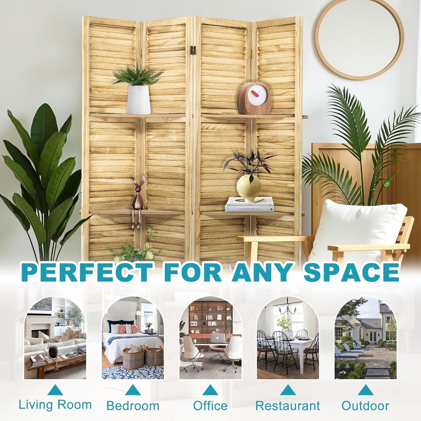 4 Panel Room Divider with Shelves, 5.6FT Folding Room Divider Screen, Free Assembled Freestanding Partition for Home Office Bedroom, Wood