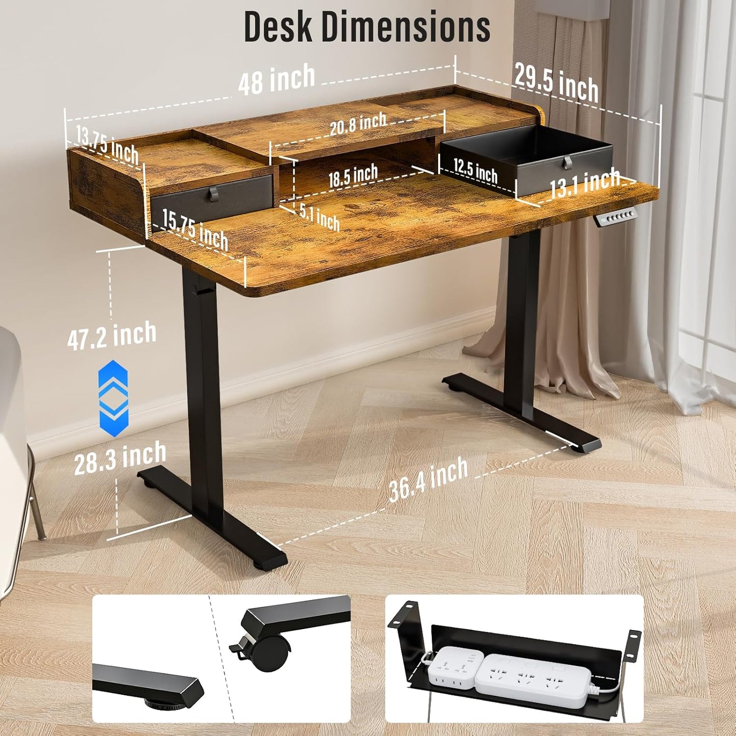 Standing Desk with Drawers,Thickened Table Legs Sit Stand Desk Electric for Home Office & Gaming,Ergonomic Stand Up Desk Cable Management Tray(Classic Black) (Rustic Brown, 48″ x 30″)