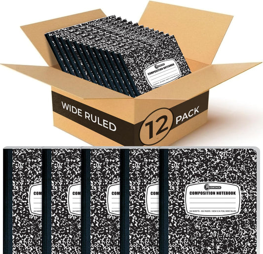 12 Pack Composition Notebook Wide Ruled Bulk, 200 Pages (100 Sheets), 9-3/4 x 7-1/2", Hard Cover Wide Ruled Notebook Bulk, Black Marble Composition Notebook Wide Ruled, Bulk Office Notebooks