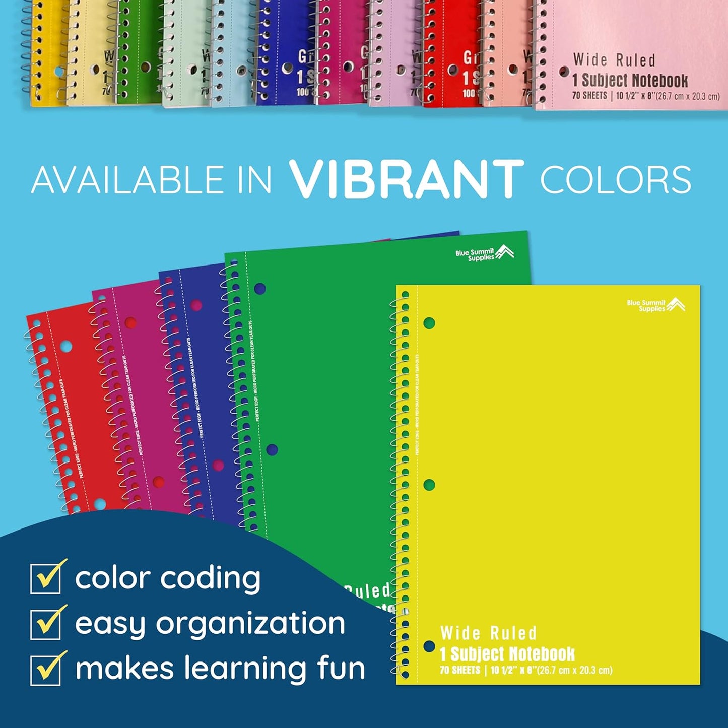 Blue Summit Wide Ruled Spiral Notebook, 1 Subject Spiral Notebook Wide Ruled, Paper School Notebooks Bulk, 12 Pack