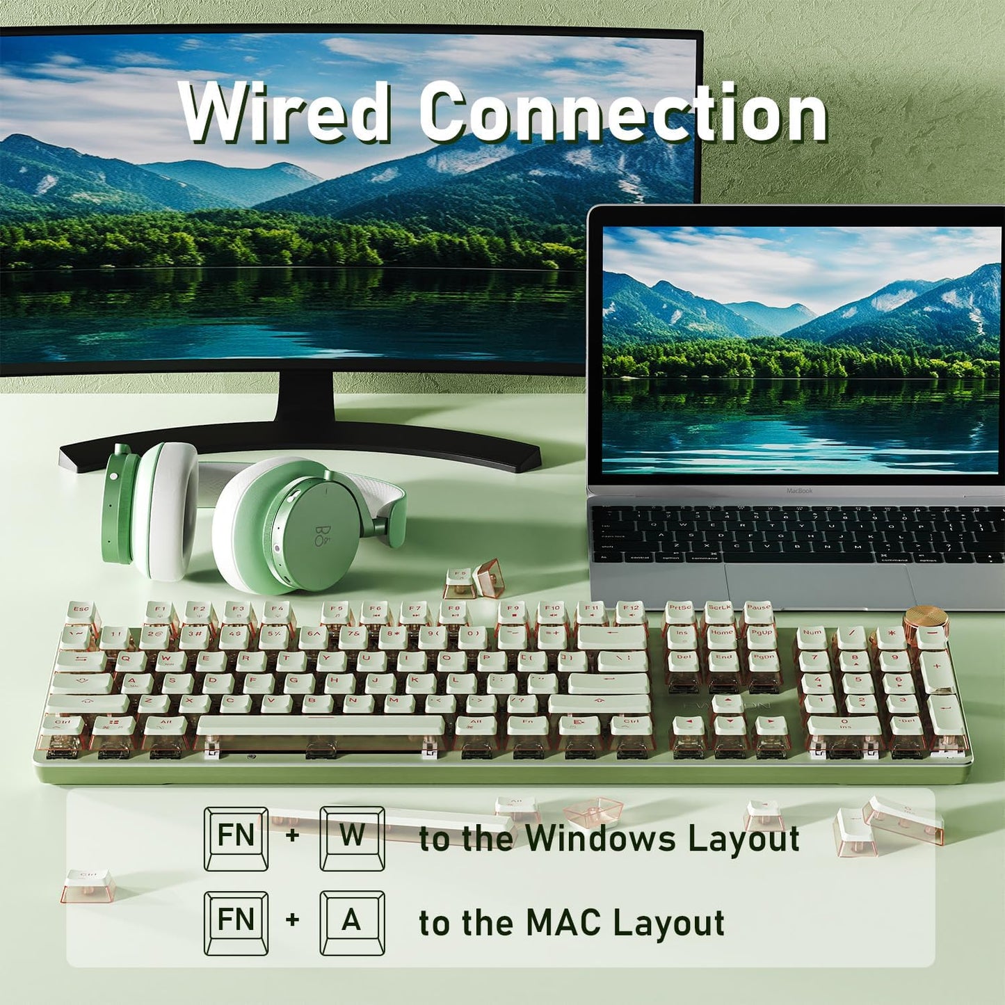 EWEADN V20 Wired Mechanical Keyboard, 104 Keys Backlit LED Keyboards, Media Control Knob, Wired Computer Keyboard Pink Switch for Windows/Mac/PC-Matcha Green