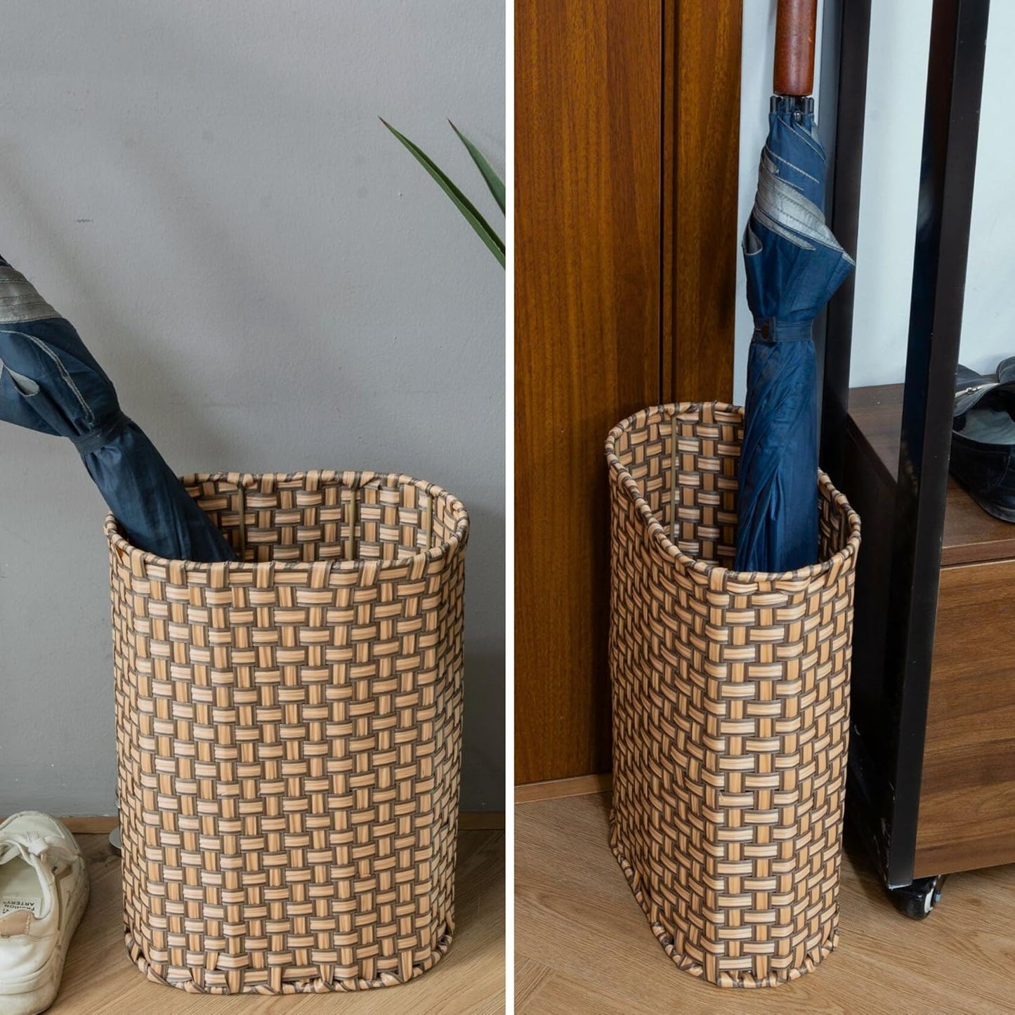 Umbrella Holder Entryway Umbrella Stand Indoor Entryway 6.7x17.3 Wicker Umbrella Bucket Basket Narrow Tall Umbrella Storage Bin Woven Faux Rattan Cane Holder Stands (Brown & Natural)