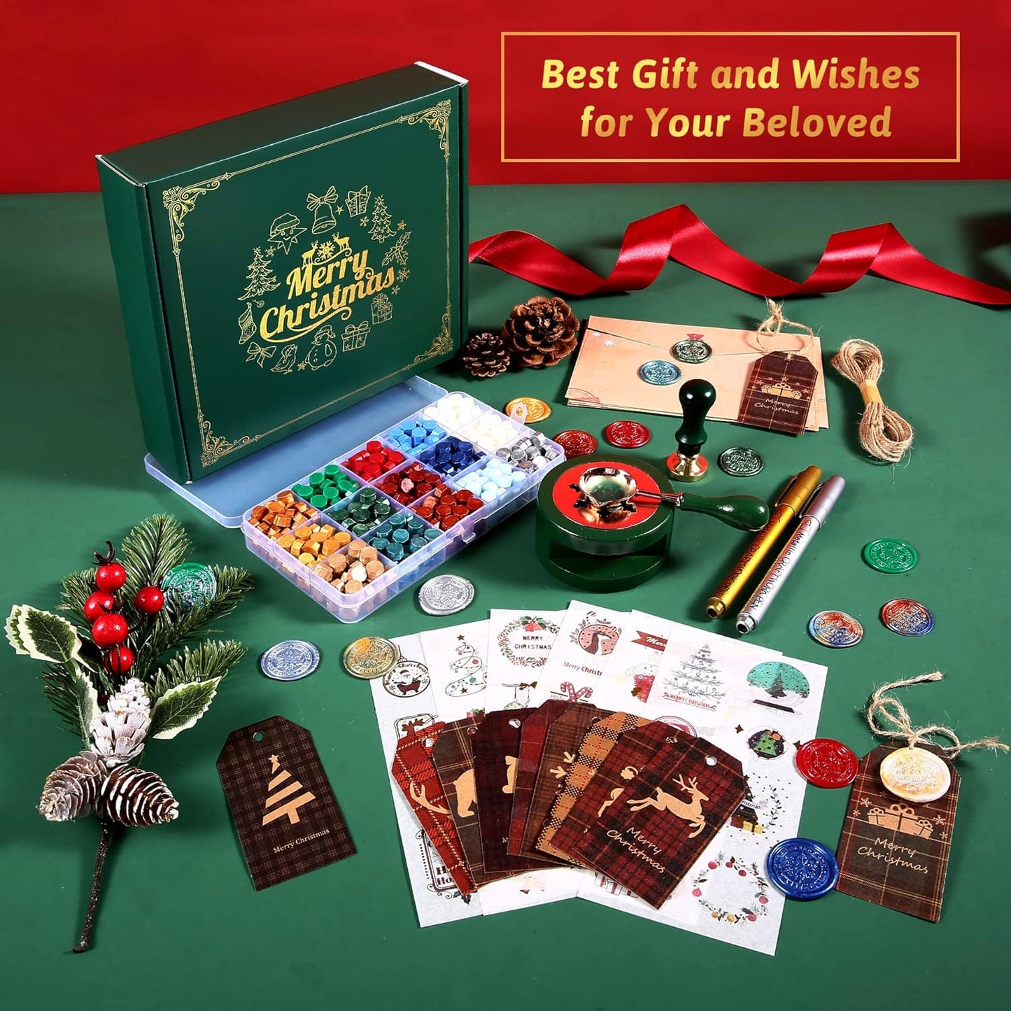 Christmas Wax Seal Kit with Snow Wax Seal Stamp, 25 Colors Wax Seal Beads with Sealing Wax Warmer, Xmas Washi Stickers, Gift Tags, Envelope, Candle, Wax Seal Stamp Kit for Gift and Craft