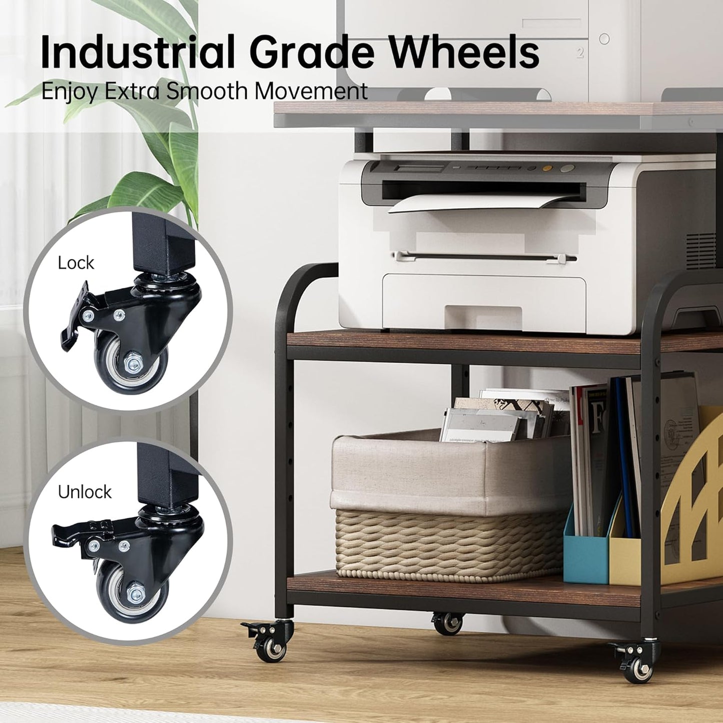 Large Printer Stand with Adjustable Storage Shelf, 3 Tier Printer Cart with Wheels for Home Office Organization, Rolling Table Stand for Heat Press Mini Fridge, Industrial Style