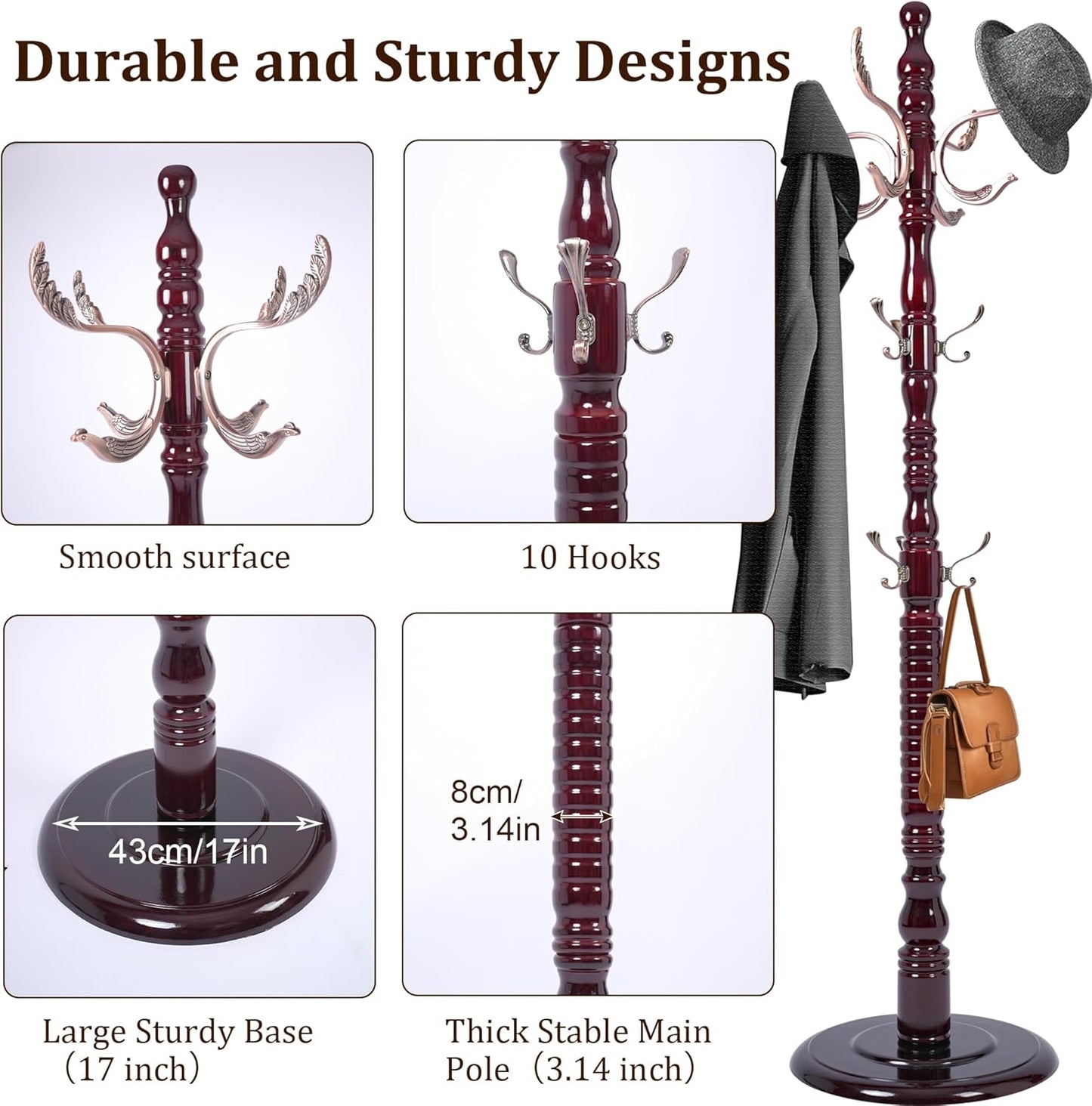 Vintage Free Standing Coat Rack with Disc Base, Solid Wood Coat Hanger Stand with 20 Metal Hooks and 3 Adjustable Size, Standing Coat Rack Tree for Entryway, Bedroom, Hallway, Office, Apartment