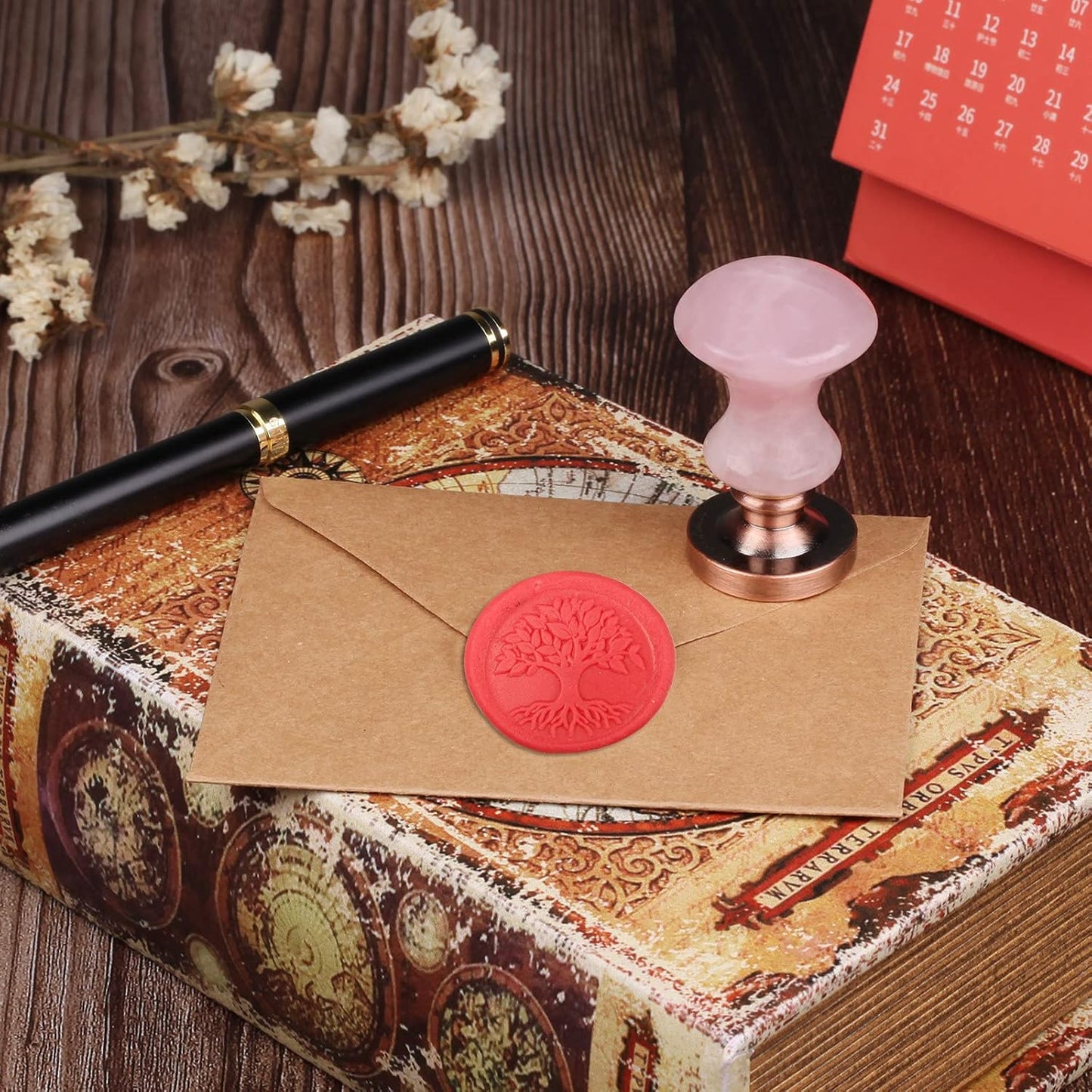 rockcloud Wax Seal Stamp Set, 4 Pieces Sealing Wax Stamps Copper Seals with 1 Rose Quartz Seal Handle for Cards Envelopes Invitation Decoration, Tree of Life