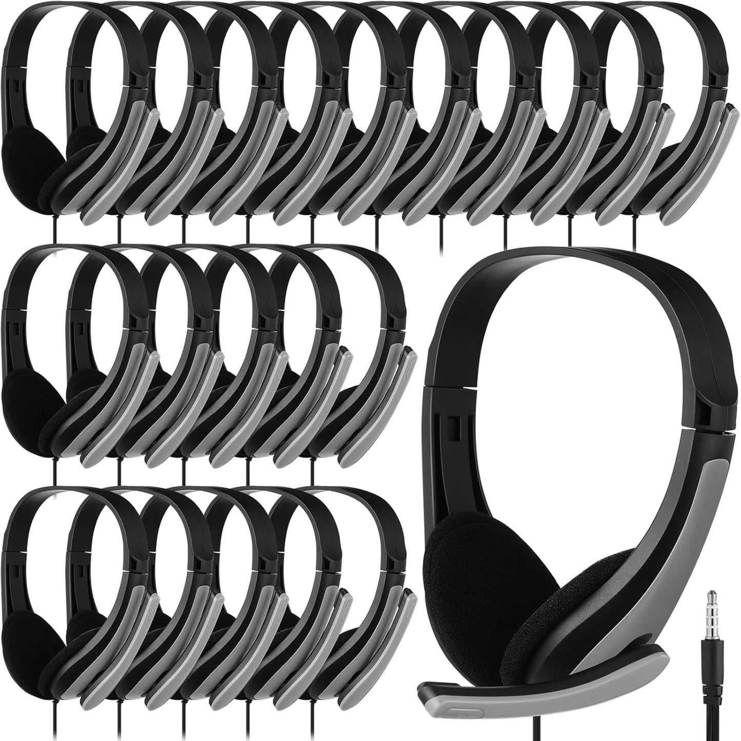 Yunsailing 20 Pack Bulk Classroom Headphones with Microphone Students Wired School Class Set Headphones for School Library Computer Office Adults 3.5 Jack Universal Plug(Grey)