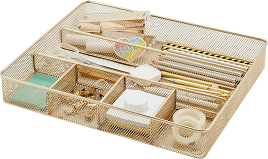 Annova Desk Top Organizer Tray for Office Organization - Metal Mesh - Storage Tray with Dividers for Pens, Desktop Accessories, Bathroom, Kitchen, Makeup and Office Supplies (Large, Gold)