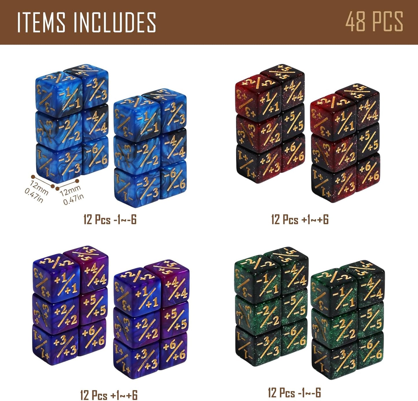 48PCS 12mm Life Counters MTG Dice Set with Box, Small MTG Tokens 6 Sided Plus 1 Mini Dice Set for CCG Creature Stats TCG Magic Card Game Accessories