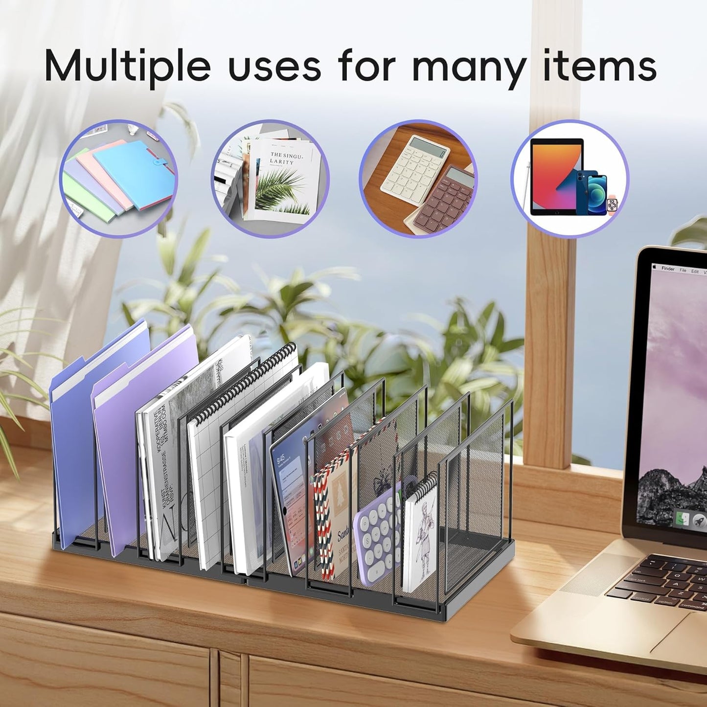 9-Section Desk File Organizer, Vertical File Holder, Mesh Desktop File Folder Metal File Binder Organizer Stand for Office Home Classroom, Black