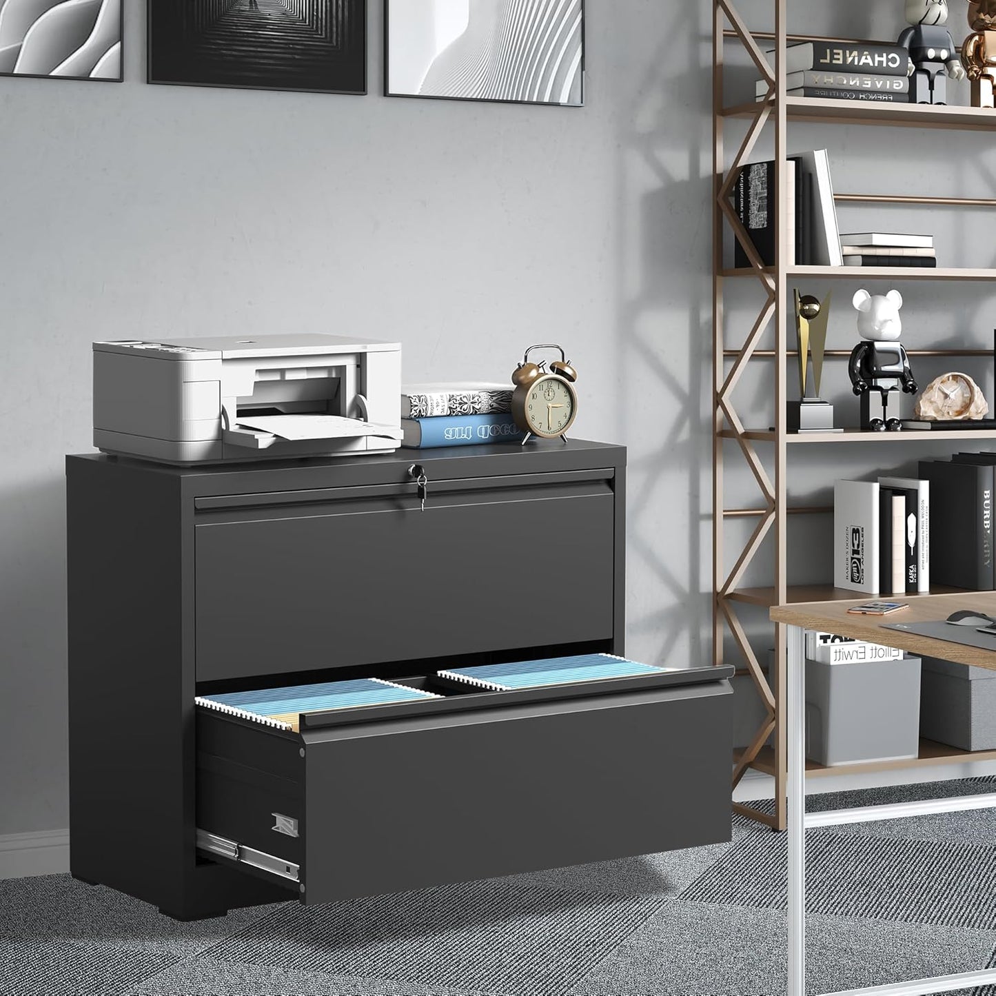 File Cabinets 2 Drawer,Metal Office Storage Filing Cabinet with Lock,Black Lateral Filing Cabinet for Home Office,Horizontal 2-Drawer File Cabinets for Legal/Letter/A4,Assembly Require,Black