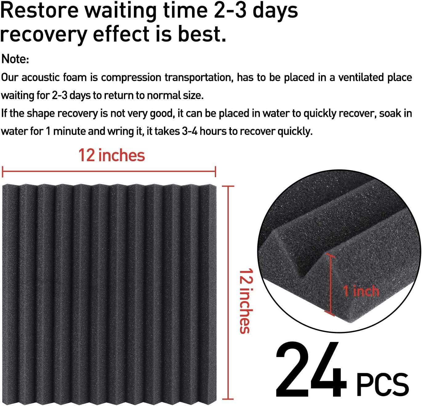 24 Pack Acoustic Foam Panels 1" x 12" x 12" Sound Proof Foam Panles Soundproofing Noise Cancelling Wedge Panels for Home Office Recoding Studio with 240PCS Double-Side Adhesive