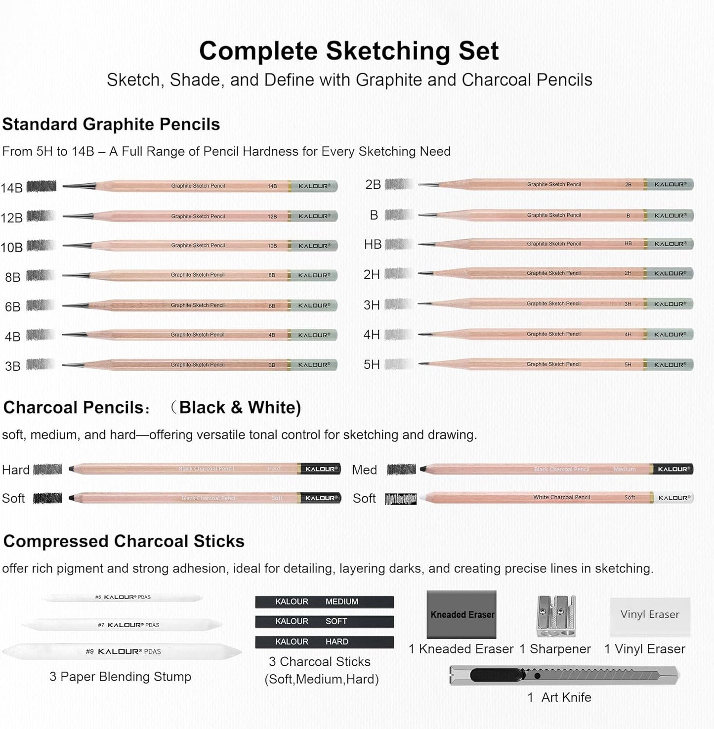 KALOUR 29 Pro Sketching Drawing Pencils Set with Roll-Up Nylon Case – 14 Graphite Pencils (14B–5H), Charcoal Pencils, Erasers, Sharpener & Stumps – Complete Art Kit for Artists & Beginner