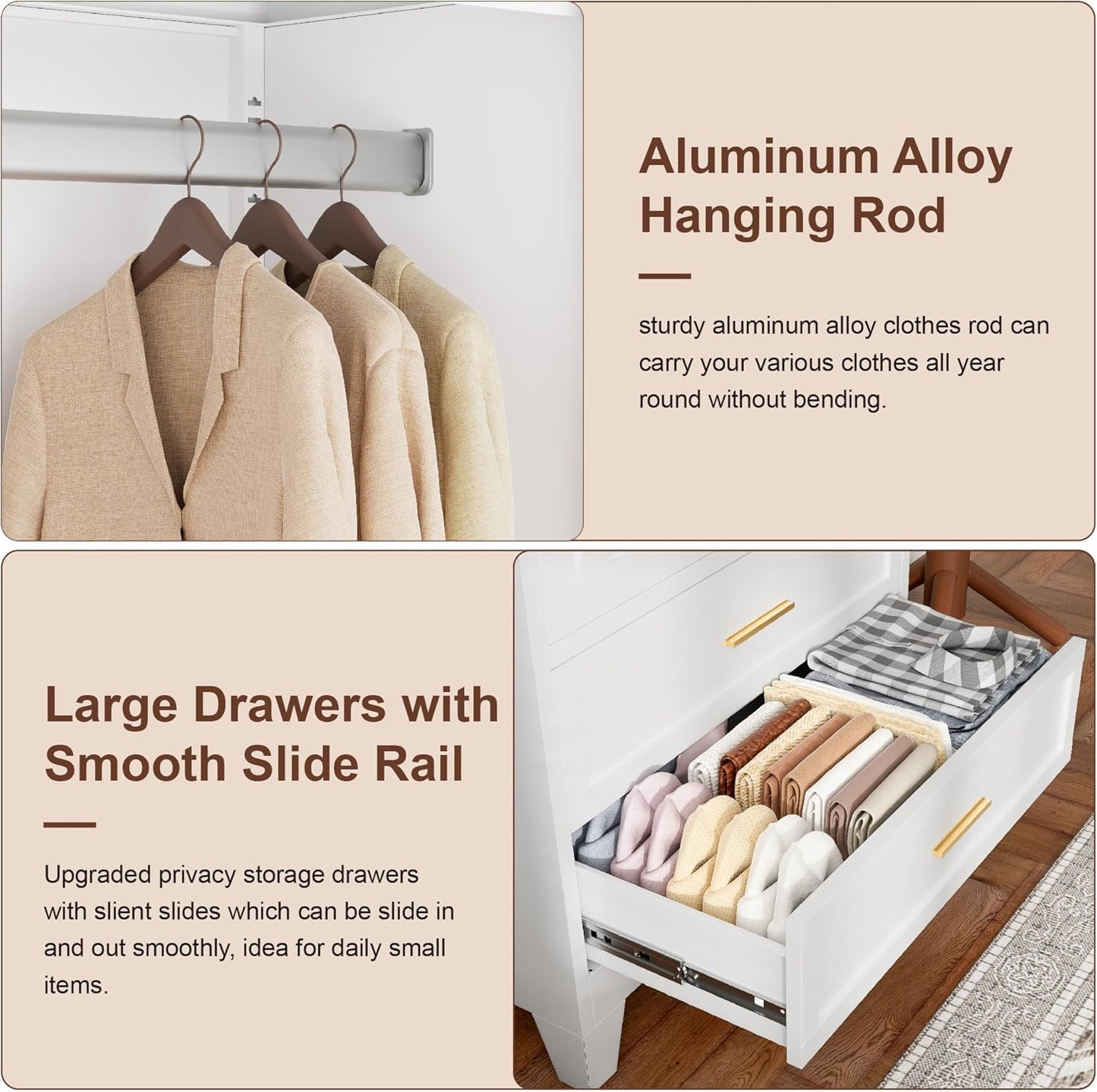 71" Tall Metal Wardrobe Cabinet with 2 Drawers and Hanging Rod, 2 Doors Armoire Wardrobe Closet with Shelf for Bedroom, Office, Laundry Room, White