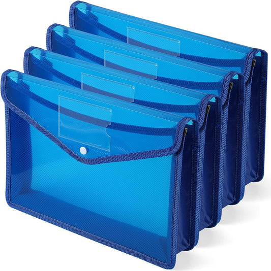 4 Pack A4 Expanding Plastic File Folders Waterproof Document Organizer with Snap Button Multiple Pockets, Office Home Office Storage (Blue)