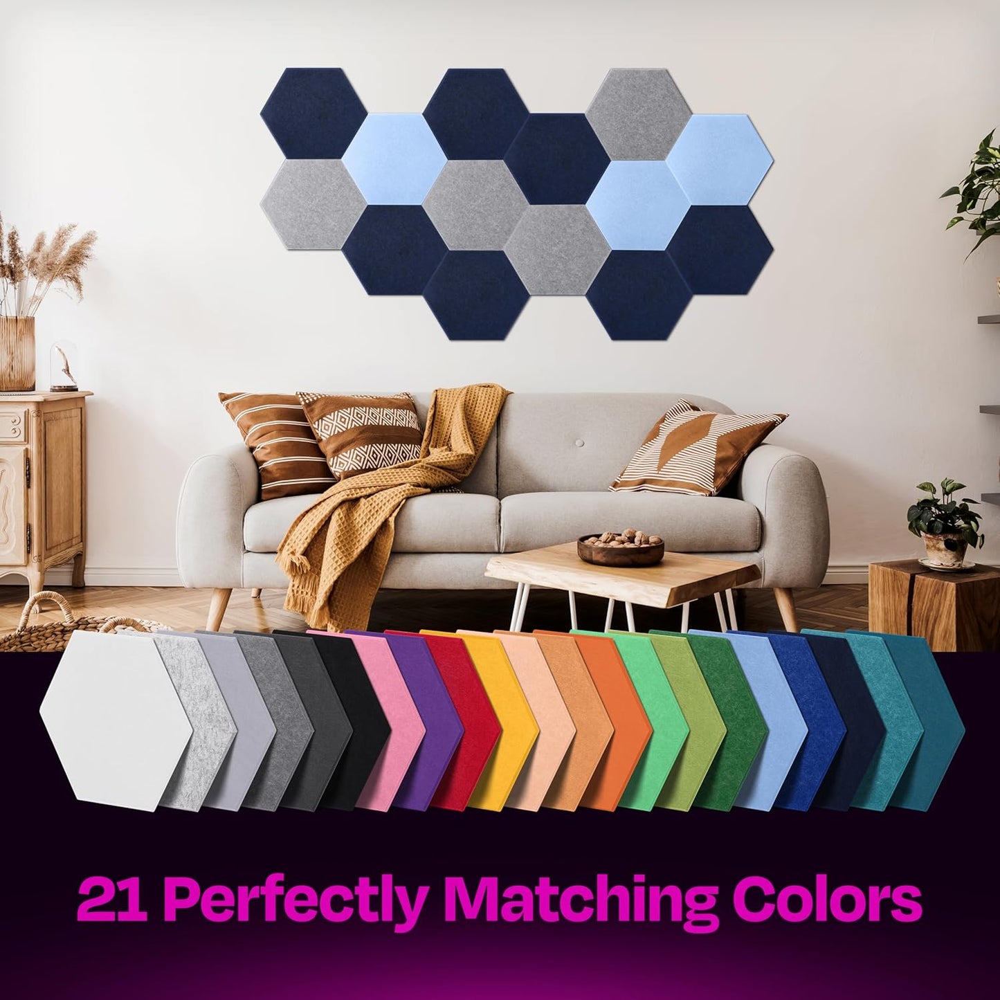 Acoustic Panels 12-Pack Soundproof Wall 12"X10.4"X0.4" - High Density Sound Dampening [Denim Blue Hexagon]