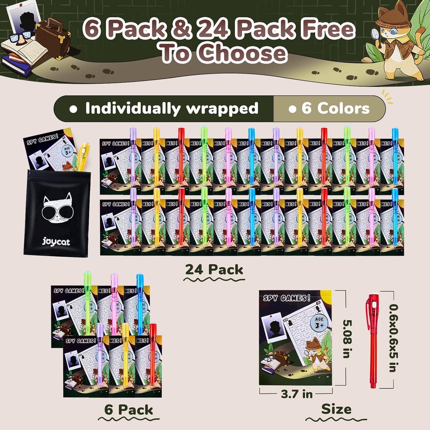 JoyCat 6 Pcs Invisible Ink Pens with UV Light for Kids with Notebooks,Spy Pen Magic Markers for Secret Message,Class Prizes for Students Bulk,Birthday Gift for Boys Girls