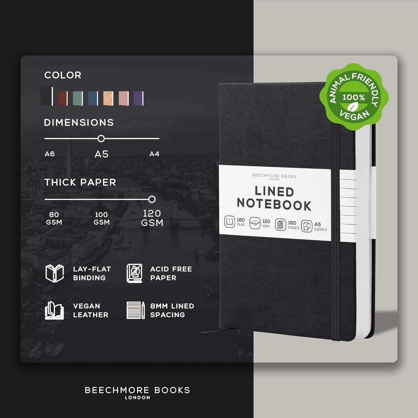 BEECHMORE BOOKS Lined Journal Notebook, 5.8 x 8.3 inch, A5 160 Lined Pages, Hardcover Leather Journals for Women, Men, Writing and Notebooks for Work - 120 GSM Thick Paper, Gifts Box Included