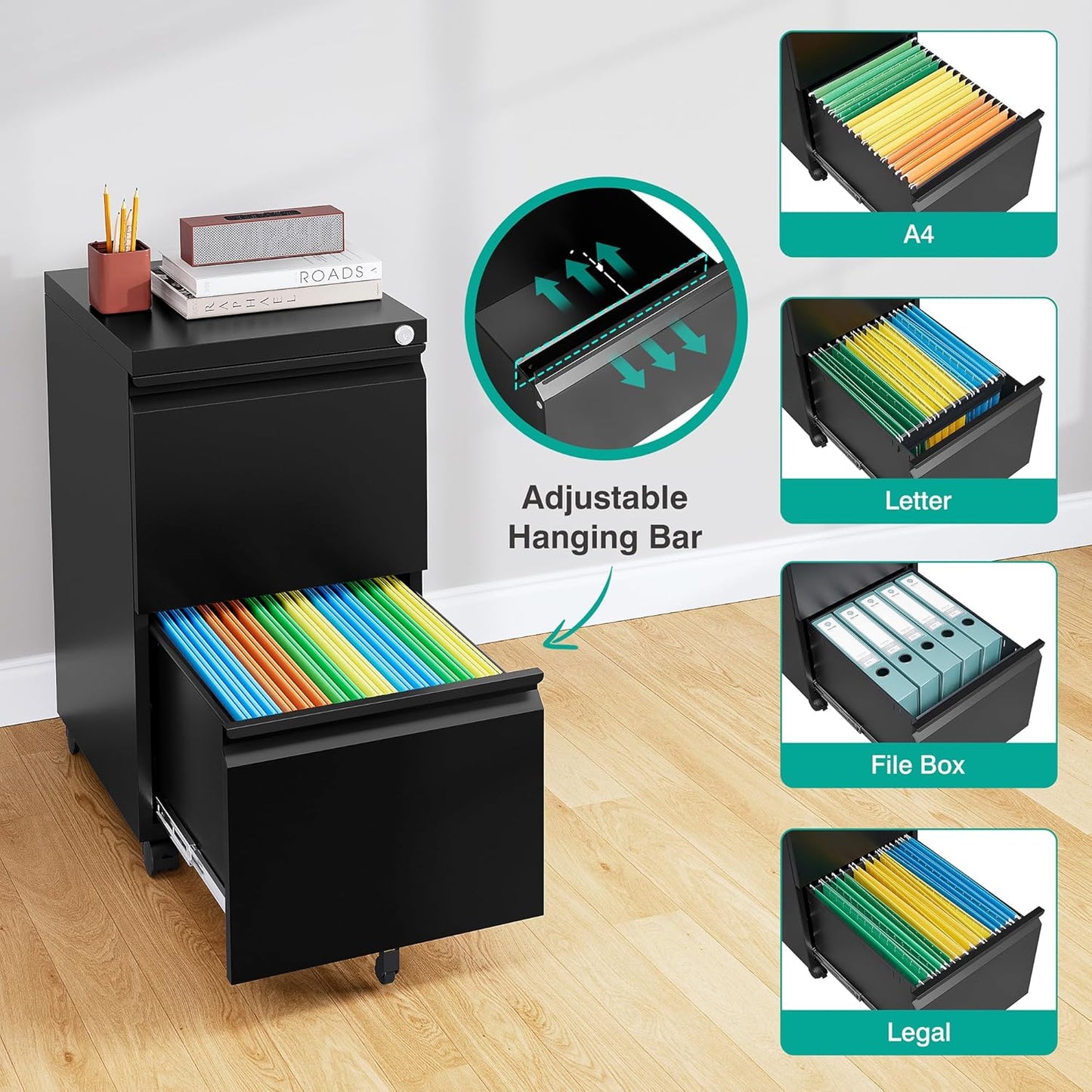 SISESOL 2 Drawer File Cabinet on Wheels,Metal Filing Cabinet with Lock,Black Rolling File Cabinets with Casters,Under Desk Office Cabinets for Home Office,Fit A4/Letter/Legal,Easy Assembly