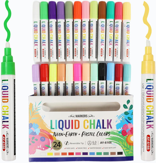 Chalk Markers, 24 Color Liquid Chalk Marker, Erasable Washable Bold Vivid Reversible Tip for Blackboard Chalkboard Window Poster Markers