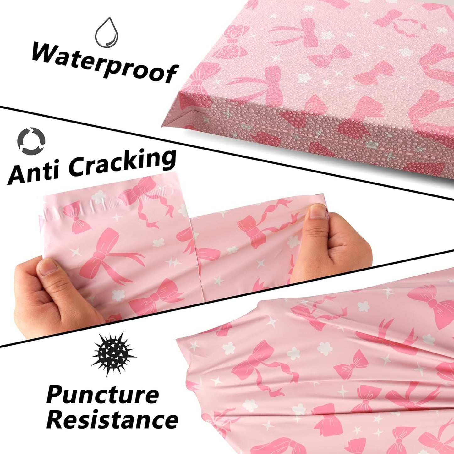 Poly Mailers 6x9 Inch 100 Pcs - Pink Bow printed Shipping Bags, 2.4mil Thickness, Waterproof and Tear Resistant Mailing Envelopes, Self-Sealing Packaging Bags for Small Business