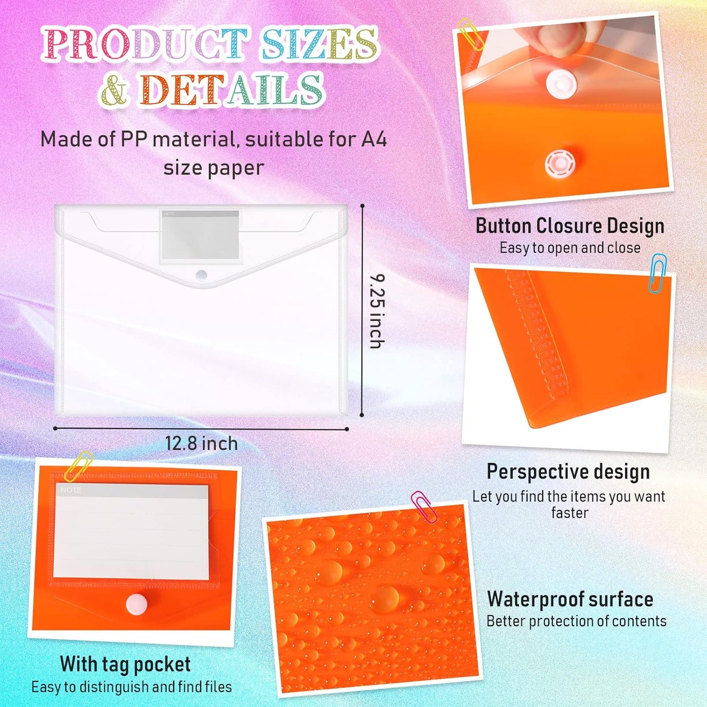 Zhehao 100 Pcs Clear Envelopes with Snap Button Closure A4 Letter Size Plastic Envelope Folder Poly Document File Folders for home Office(Multicolor,Pocket Style)