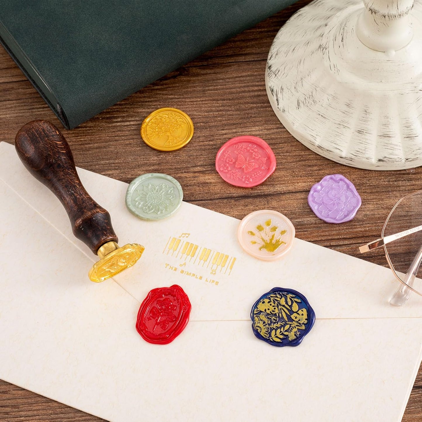 9pcs Wax Seal Stamp Kit, Brass Sealing Wax Stamps Head & Wooden Handle for Wedding Invitations Cards Envelopes(Tree of Life+Tulip+Vintage Rose+Love Rose+Daisy+Butterfly+Sakura+Leaves)