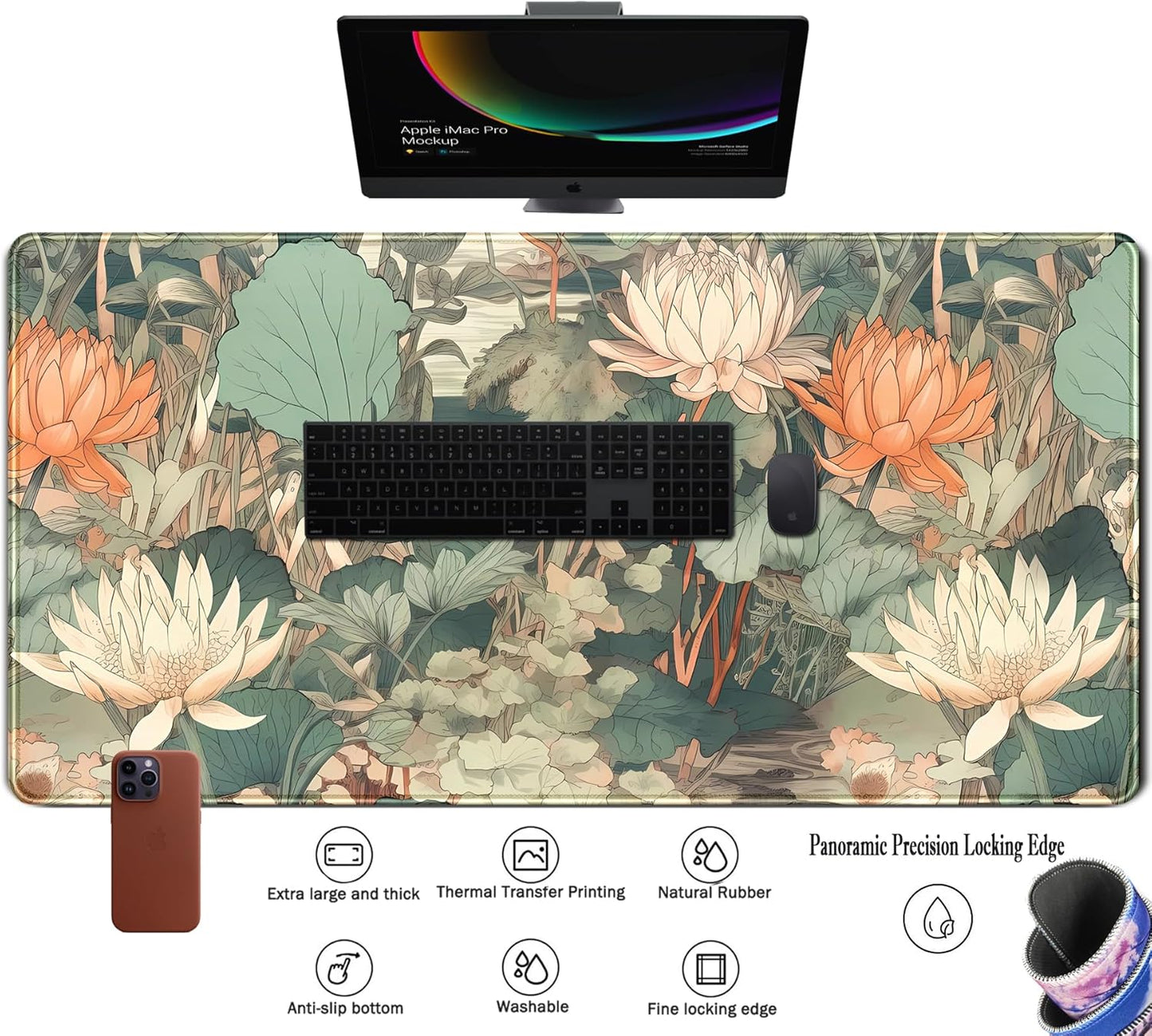 Light Emerald and Orange Floral Desk Mat, XXL Large Extended Mouse Pad Gaming Desk Pad, Aesthetic Asian Lotus Flower Big Laptop Keyboard and Mouse Mat for Women Desktop Office Decor 31.5x15.7 in