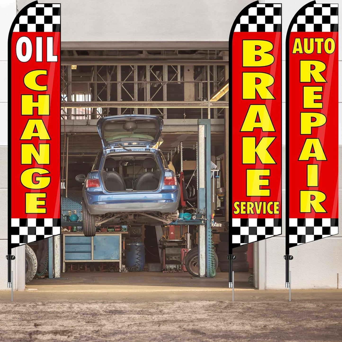 3 Pack Auto Repair Feather Flag -12 ft Advertising Flags for Business with Pole Kit Automotive Service Brake Oil Change Banner Feather Signs Set for Auto Repair Shop Supplies