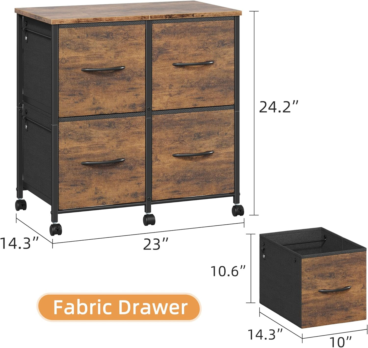 4 Drawer Lateral File Cabinet, Mobile Filing Cabinet for Large Printer, Home Office Functional Small Office Storage Cabinet & Printer Stand, Fabric Drawer, Fits Letter/A4, Rustic Brown