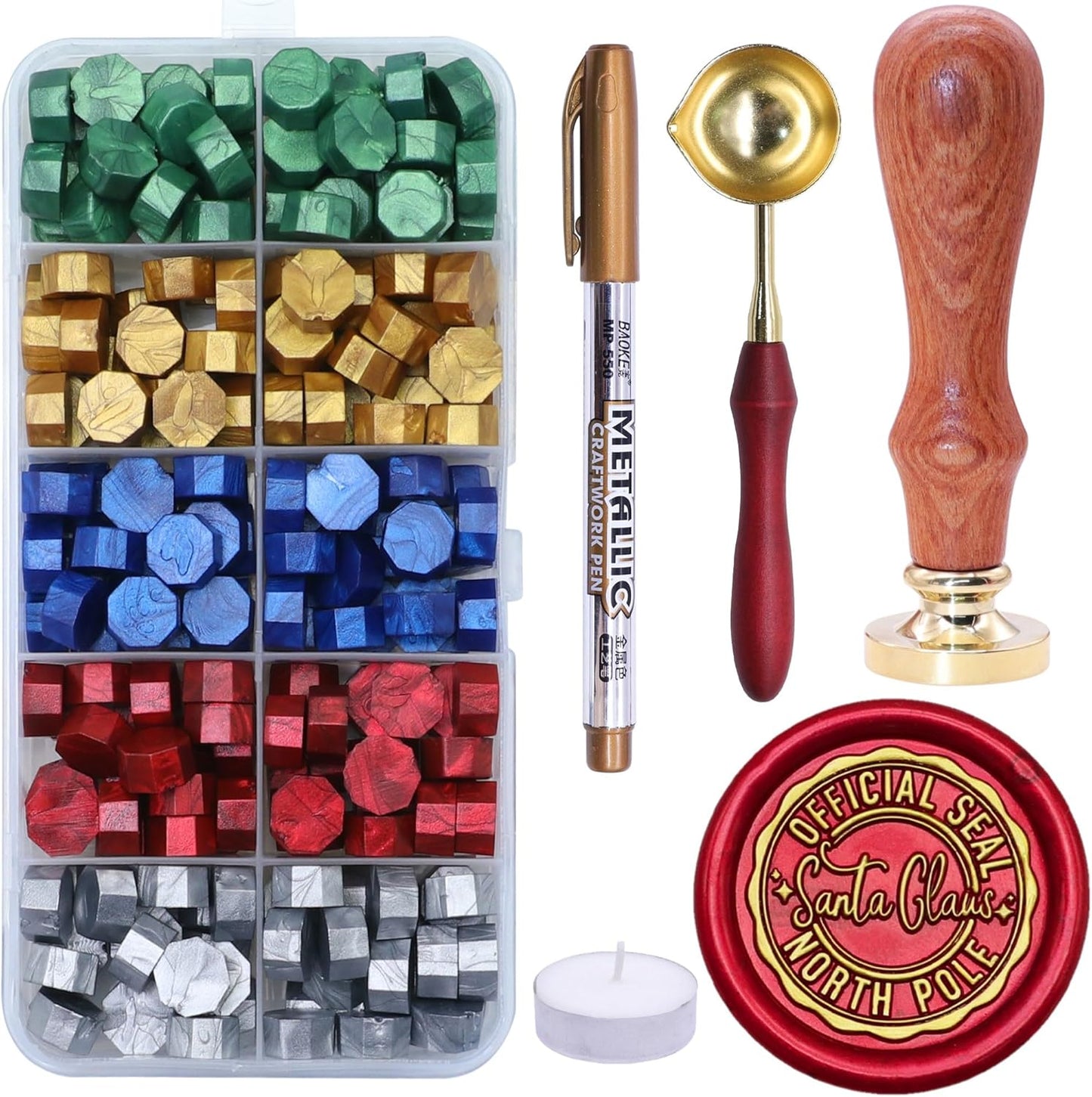 SWANGSA Santa Claus Northpole Official Wax Seal Stamp Kit with 200pcs Sealing Wax Beads, Great for Embellishment of Christmas Cards, Invitations, Wine Packages, Gift Wraps