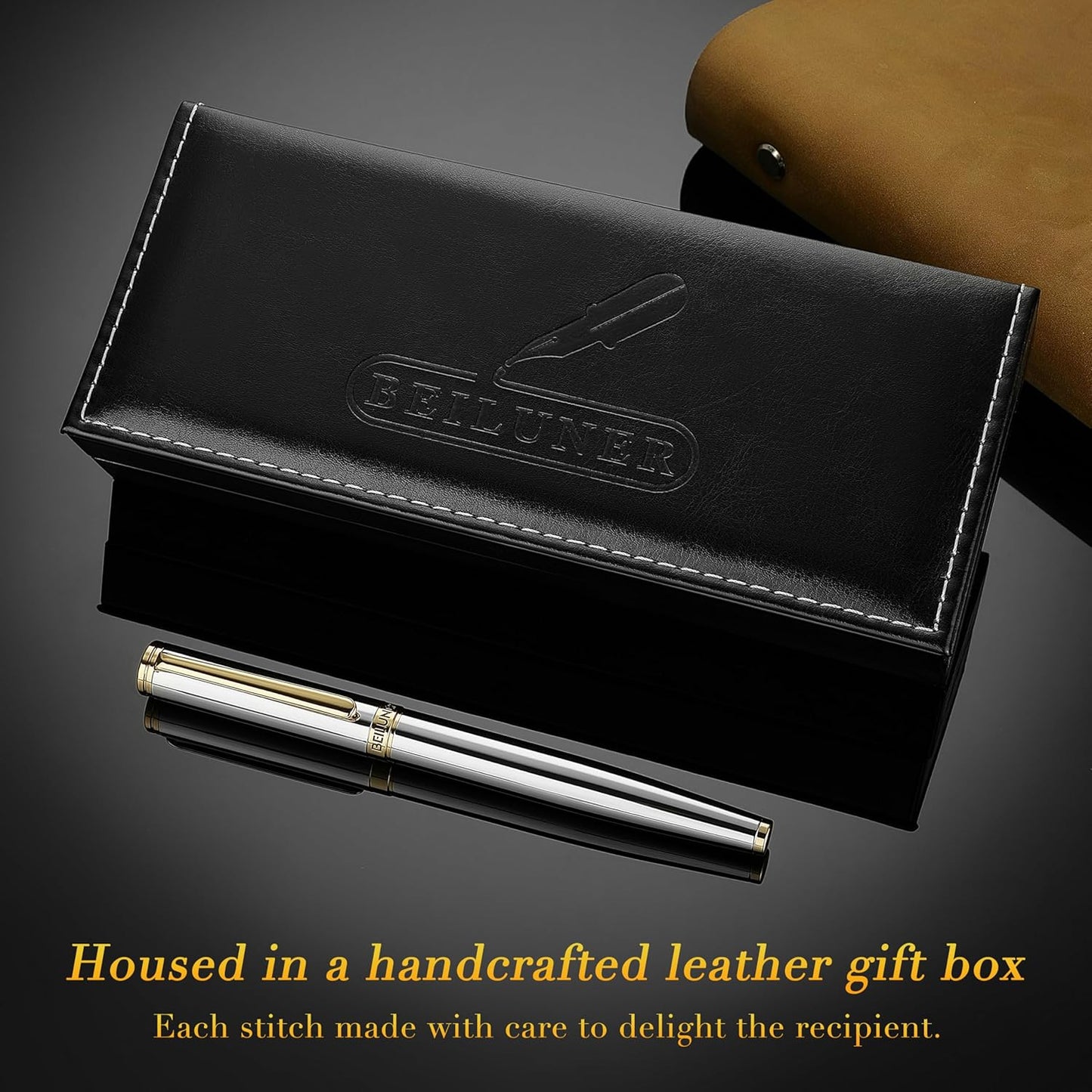 BEILUNER Silver Chrome Fountain Pen,Stunning Luxury Pens with 24K Gold Accents, Gorgeous 24K Gilded Nib(Fine), Ink Converter,Fancy Pen Gift for Men&Women-Elegant, Office, Reliable,Nice for Writing