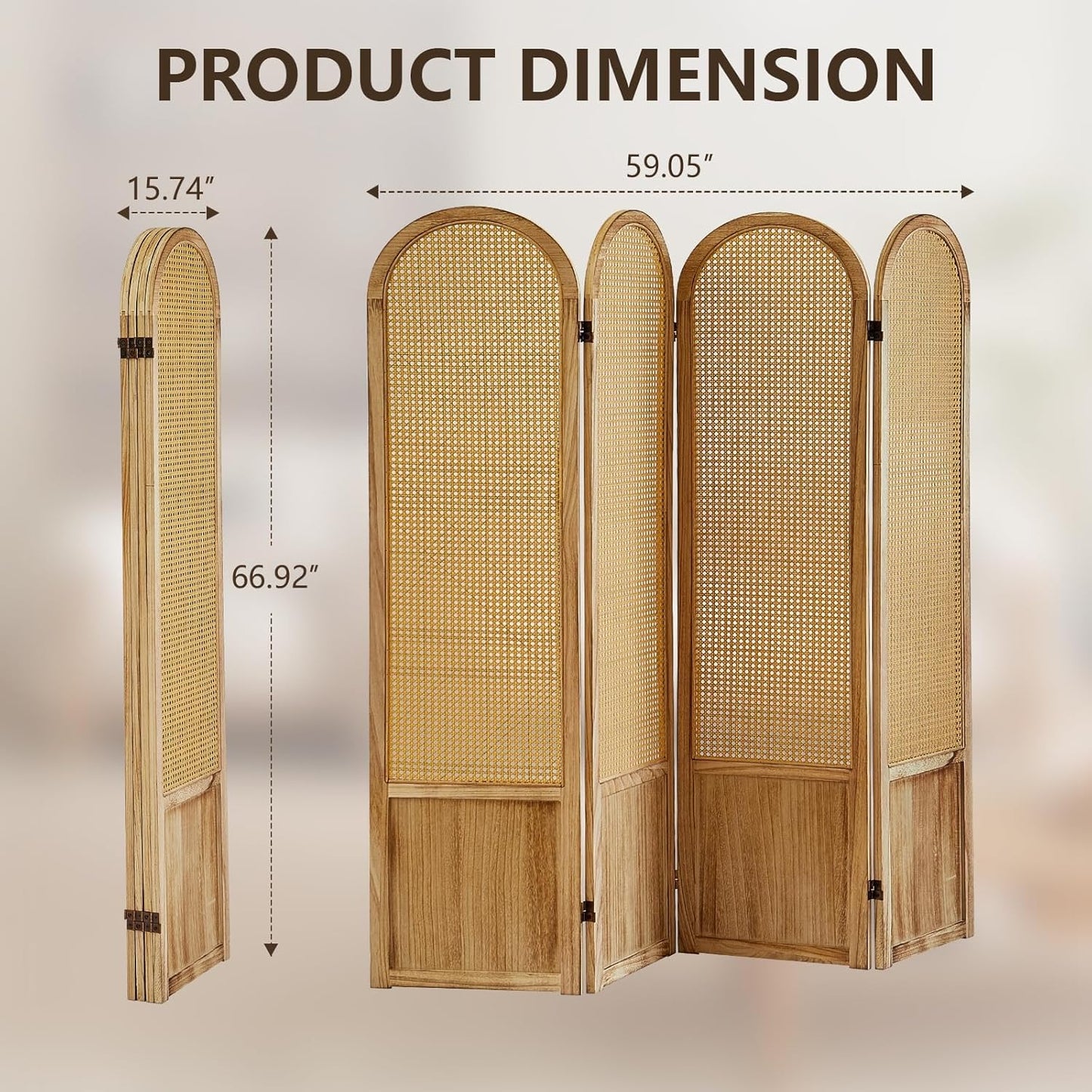 4 Panel Rattan Room Divier, Room Divider Panel and Folding Privacy Screens, Room Divider Wall, Solid Wood Frame, Partition Room Dividers, Bedroom, Dining Room, Lounge, Light Brown