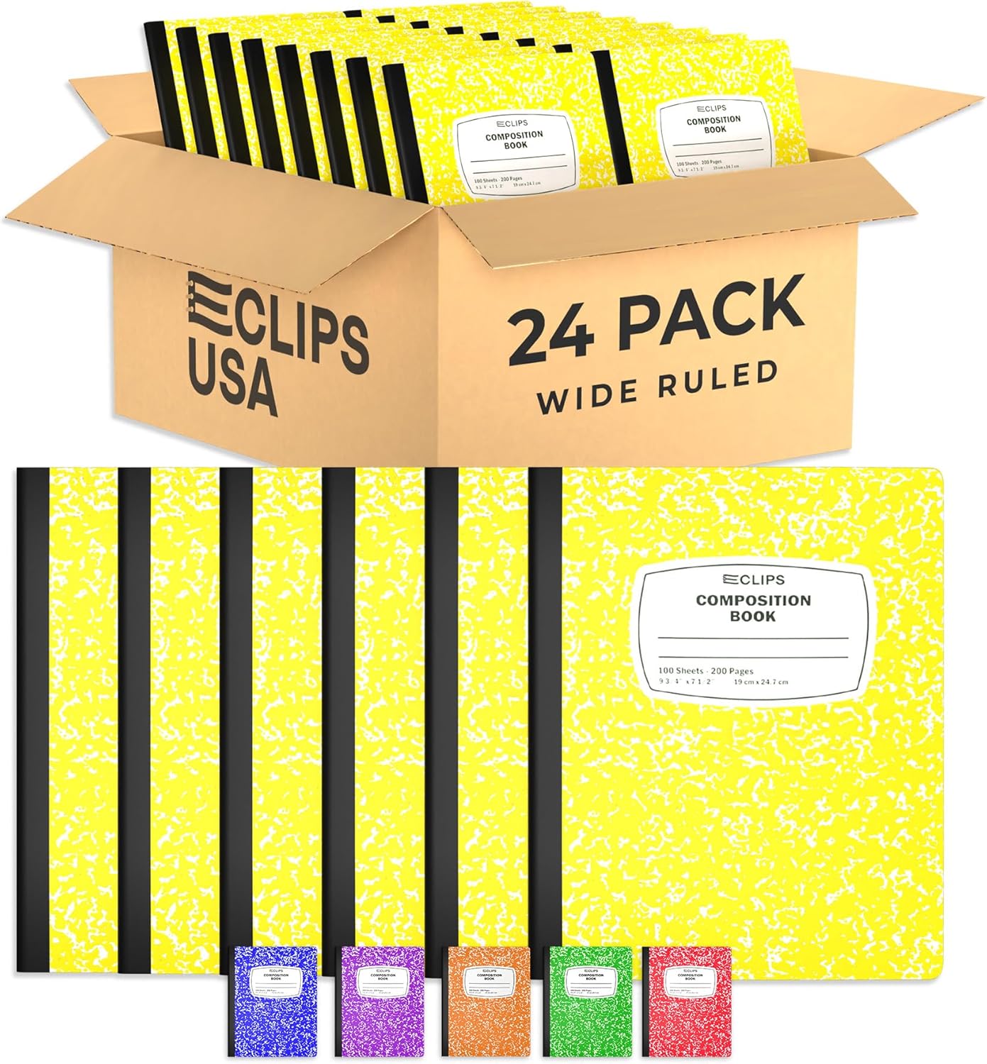 E-CLIPS USA Composition Notebooks, (24 Pack), Wide Ruled Composition Notebook, Marble Composition Notebook, 100 sheets, 200 Pages (24, Yellow)
