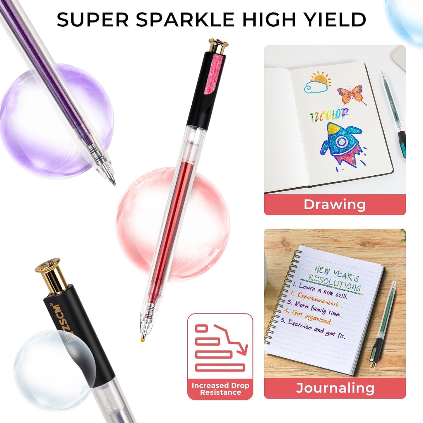 Retractable Super Glitter Gel Pens, 12 Colors Large Capacity Metallic Sparkle Gel Ink Pens, 1 mm Fine Point Smooth Writing Color Pen for Adult Coloring Book Note Taking Aesthetic Art Supplies