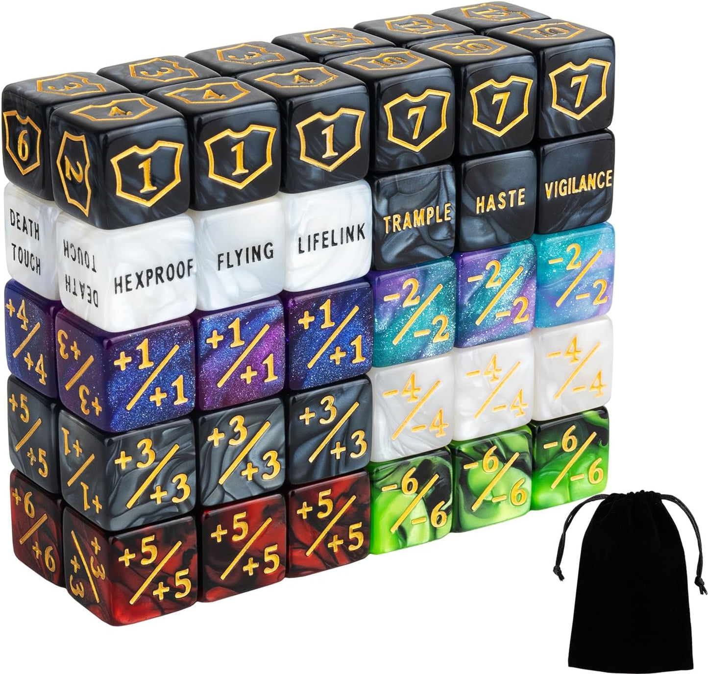 60 PCS MTG Dice Counters Bulk Ability Keywords Counter 1/+1 Shield Life Buff Tokens 6 Sided Dice Set for MTG, TCG, Cards Gaming Accessories