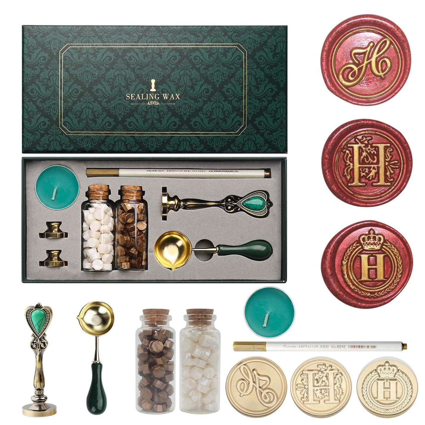 Letter Wax Seal Stamp Kit, Andotopee Wax Seal Kit Initial Alphabet H Sealing Wax Stamp Head 3pcs, Vintage Wax Stamp Seal Kit with Wax Seal Beads, Wax Seal Warmer Tools, Wax Seal Pen, Gift Box Set