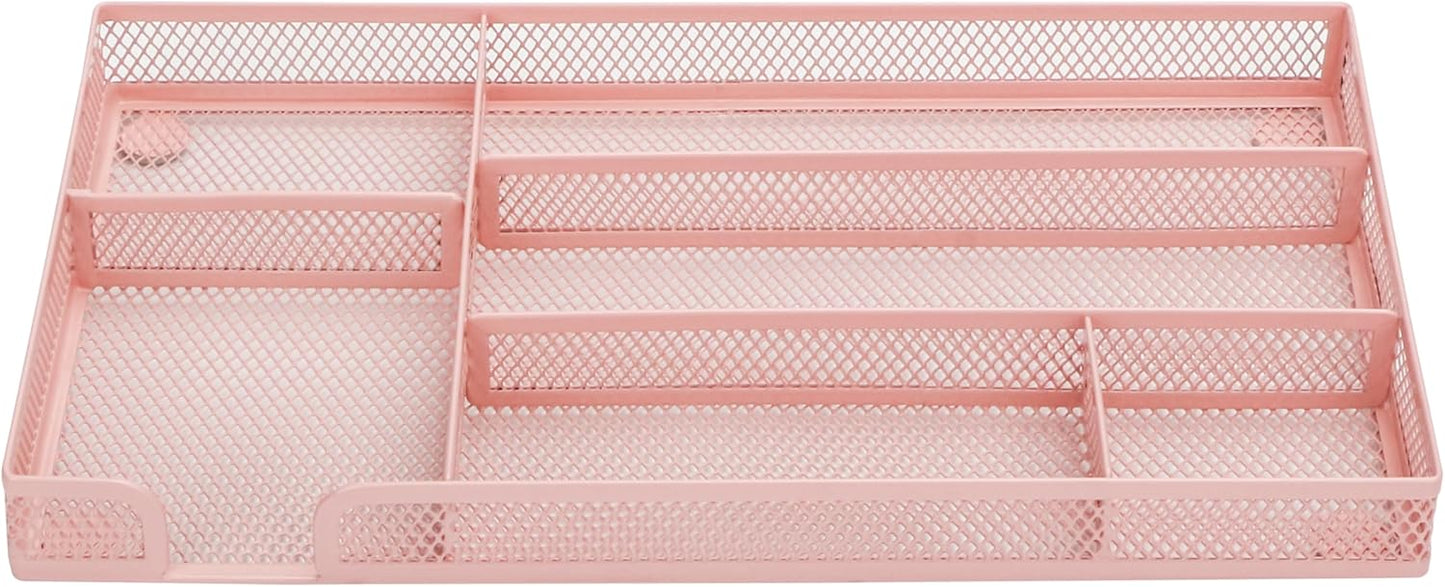 Annova Desk Drawer Organizer Tray for Office Organization - Metal Mesh - Storage Tray with Dividers for Pens, Desktop Accessories, Bathroom, Kitchen, Makeup and Office Supplies (Small, Light Pink)