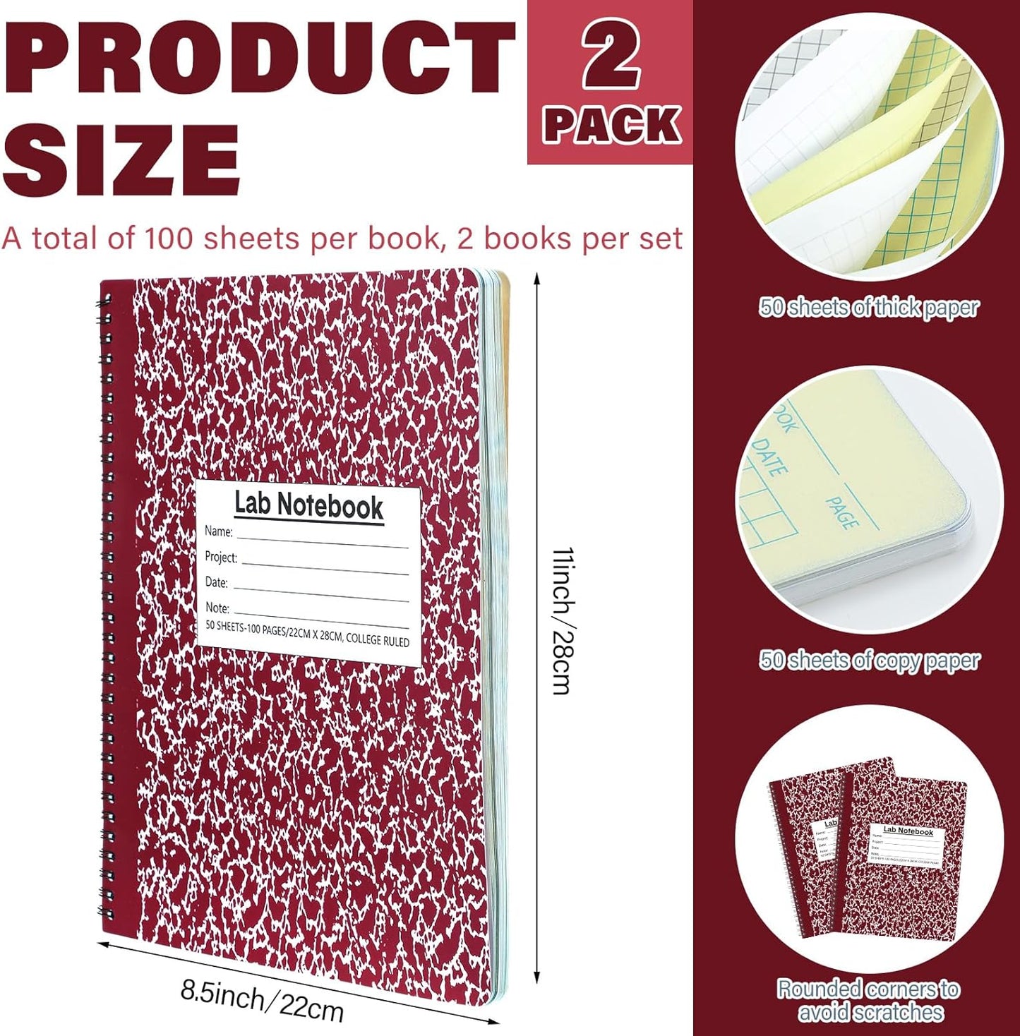 2 Pack Carbonless Lab Notebook Carbon Copy 8.5'' x 11'' Laboratory Engineering Chemistry Computation Notebook Science Grid Contains 50 Set Pages 100 Sheets Total Coil Binding(Wine Red)