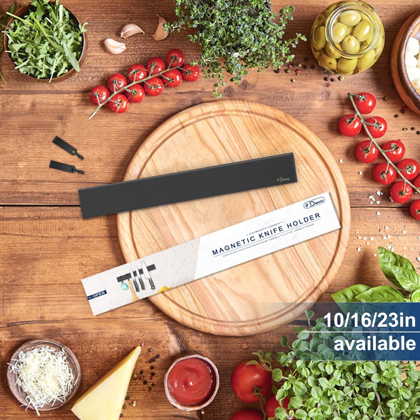 Dmore magnetic knife holder for wall—with 2 hooks, No Drilling 12 Inch black knife magnetic strip, Powerful knife magnet rack, include Adhesive Tape and screws for Knives, Utensils, and Tools